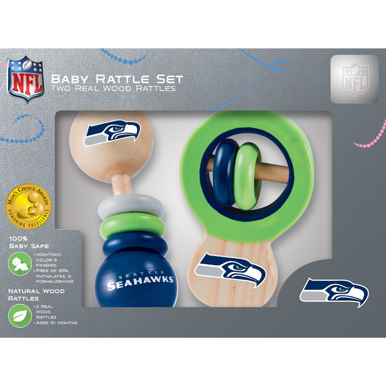 Baby Fanatic   Wood Rattle 2 Pack - NFL Seattle Seahawks Baby Toy Set